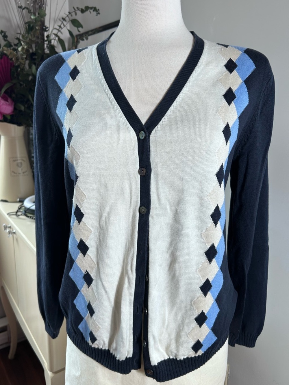 Tommy Girl Vtg V-Neck Button Cardigan Sweater, Argyle size L